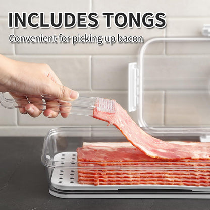 Bacon Storage Container for Fridge Airtight Lid Keeper Tongs Refrigerator | Durable Multi-purpose Bacon Deli Meat Cheese and Drain Plate Holder with Food Serving Tongs Date Tracking on the Lid