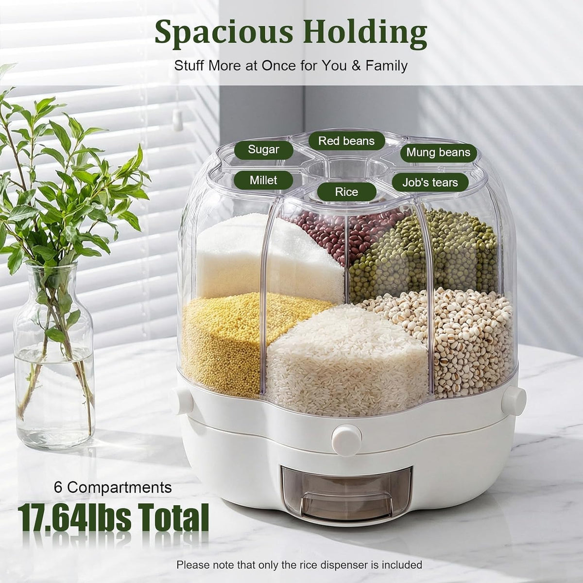 Rotating Grain Storage Bin, 360° rotating food dispenser Storage 6 Grid Grain Storage Container Dispenser Round Grain Dispenser One-Click Output for Small Grains Beans Rice (8kg/17.64lbs)