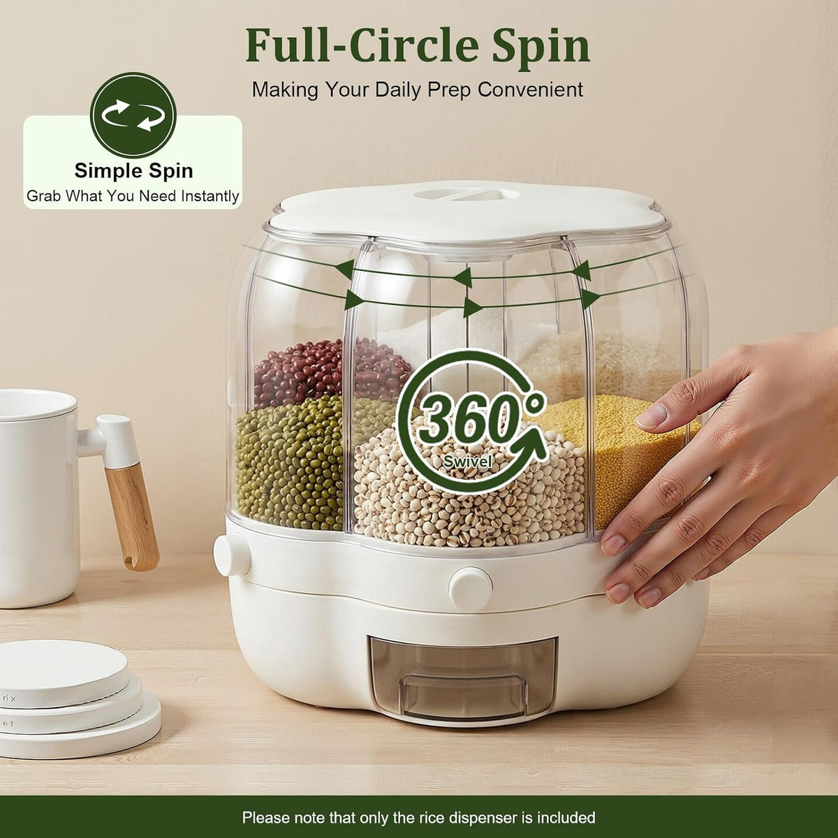 Rotating Grain Storage Bin, 360° rotating food dispenser Storage 6 Grid Grain Storage Container Dispenser Round Grain Dispenser One-Click Output for Small Grains Beans Rice (8kg/17.64lbs)