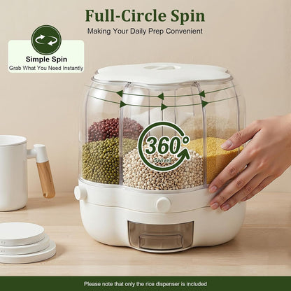 Rotating Grain Storage Bin, 360° rotating food dispenser Storage 6 Grid Grain Storage Container Dispenser Round Grain Dispenser One-Click Output for Small Grains Beans Rice (8kg/17.64lbs)