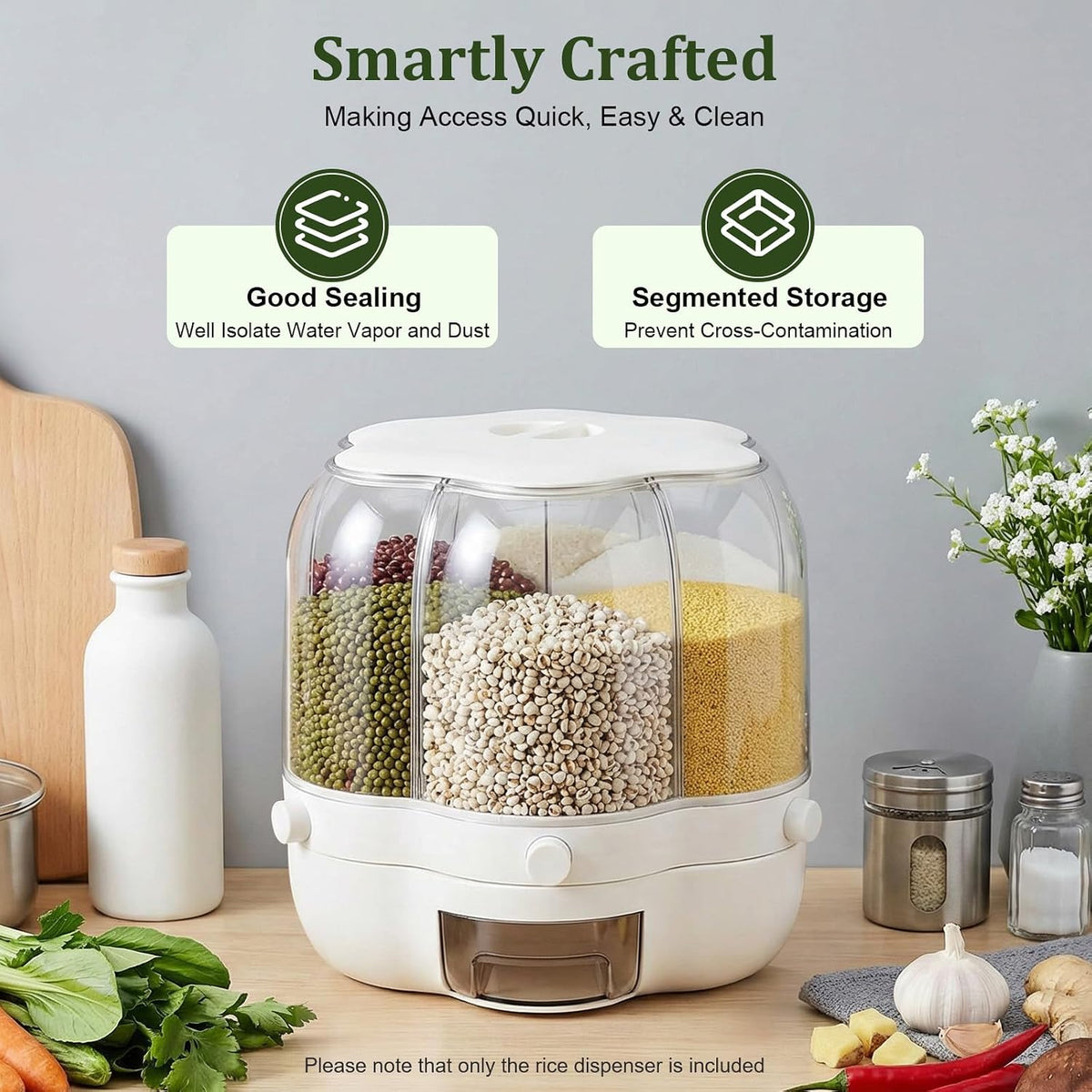 Rotating Grain Storage Bin, 360° rotating food dispenser Storage 6 Grid Grain Storage Container Dispenser Round Grain Dispenser One-Click Output for Small Grains Beans Rice (8kg/17.64lbs)