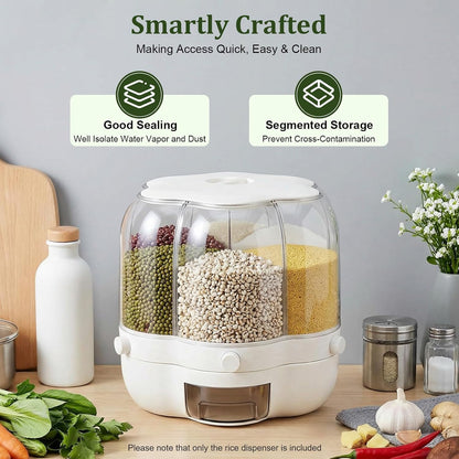 Rotating Grain Storage Bin, 360° rotating food dispenser Storage 6 Grid Grain Storage Container Dispenser Round Grain Dispenser One-Click Output for Small Grains Beans Rice (8kg/17.64lbs)