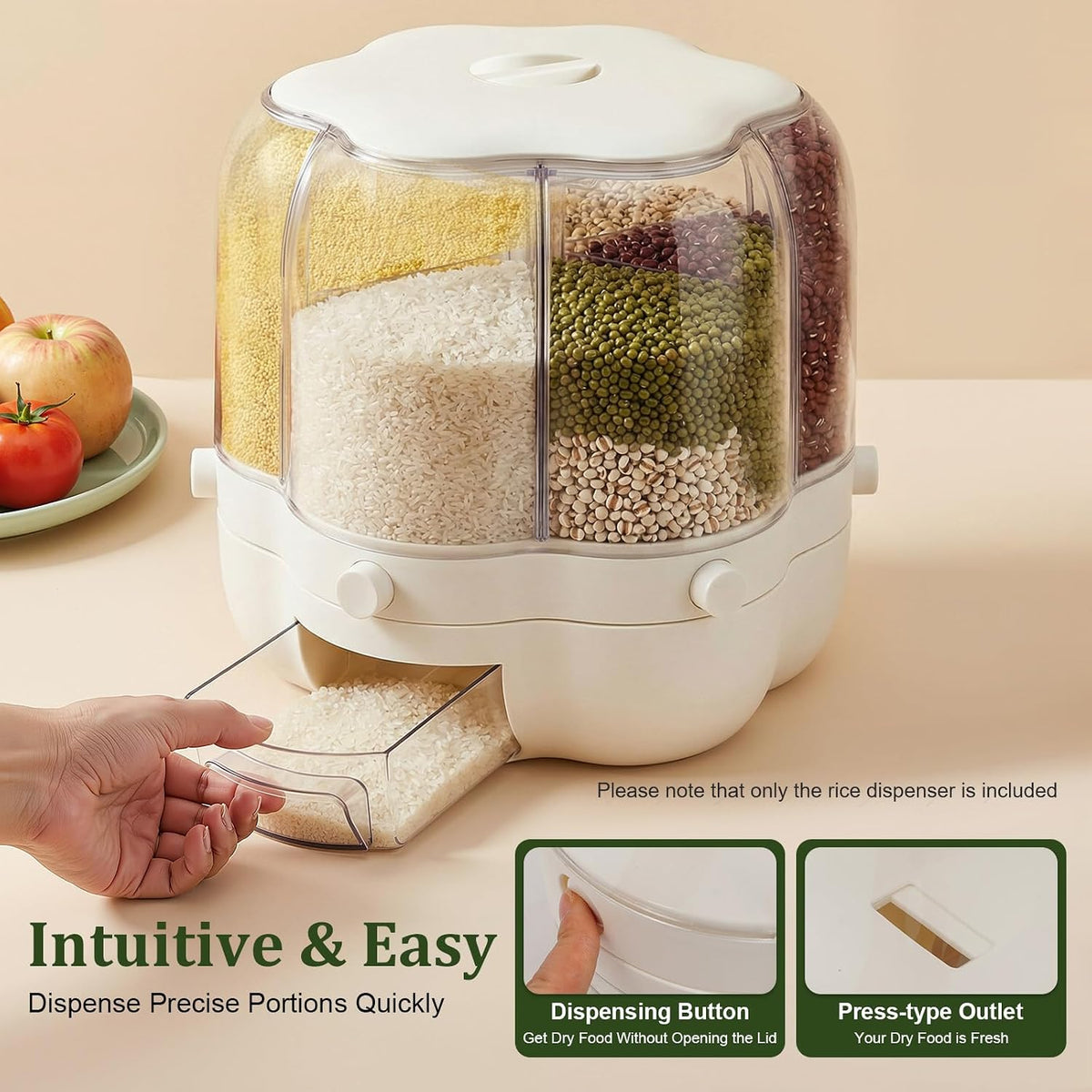 Rotating Grain Storage Bin, 360° rotating food dispenser Storage 6 Grid Grain Storage Container Dispenser Round Grain Dispenser One-Click Output for Small Grains Beans Rice (8kg/17.64lbs)