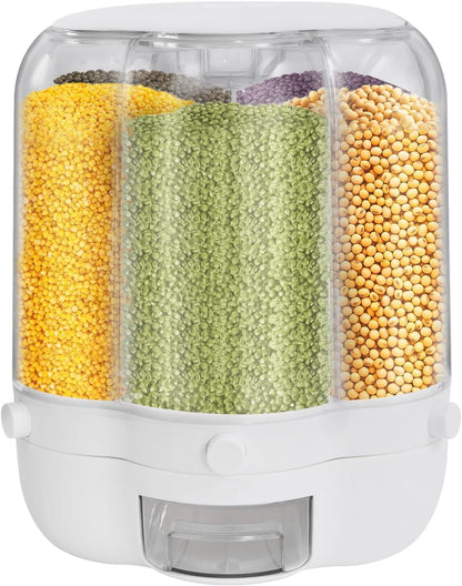 Rotating Grain Storage Bin, 360° rotating food dispenser Storage 6 Grid Grain Storage Container Dispenser Round Grain Dispenser One-Click Output for Small Grains Beans Rice (8kg/17.64lbs)