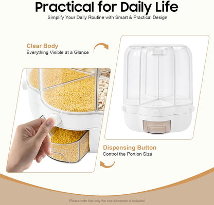 Rotating Grain Storage Bin, 360° rotating food dispenser Storage 6 Grid Grain Storage Container Dispenser Round Grain Dispenser One-Click Output for Small Grains Beans Rice (8kg/17.64lbs)