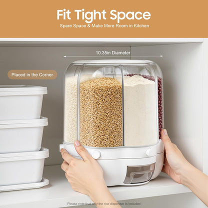 Rotating Grain Storage Bin, 360° rotating food dispenser Storage 6 Grid Grain Storage Container Dispenser Round Grain Dispenser One-Click Output for Small Grains Beans Rice (8kg/17.64lbs)