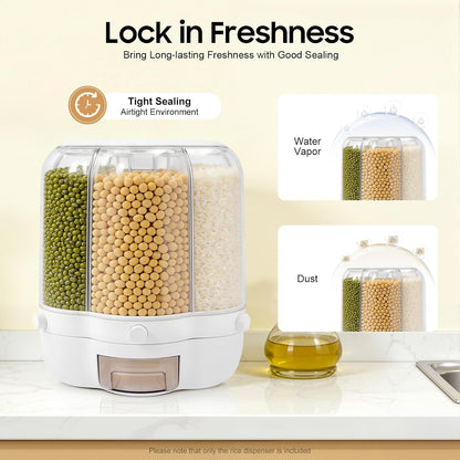 Rotating Grain Storage Bin, 360° rotating food dispenser Storage 6 Grid Grain Storage Container Dispenser Round Grain Dispenser One-Click Output for Small Grains Beans Rice (8kg/17.64lbs)