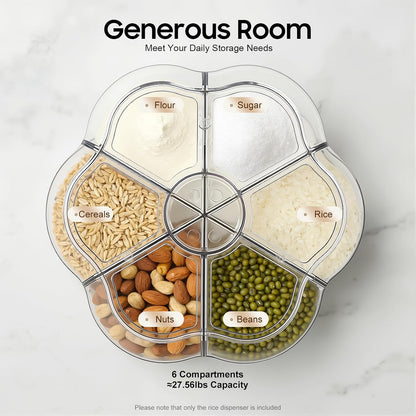 Rotating Grain Storage Bin, 360° rotating food dispenser Storage 6 Grid Grain Storage Container Dispenser Round Grain Dispenser One-Click Output for Small Grains Beans Rice (8kg/17.64lbs)