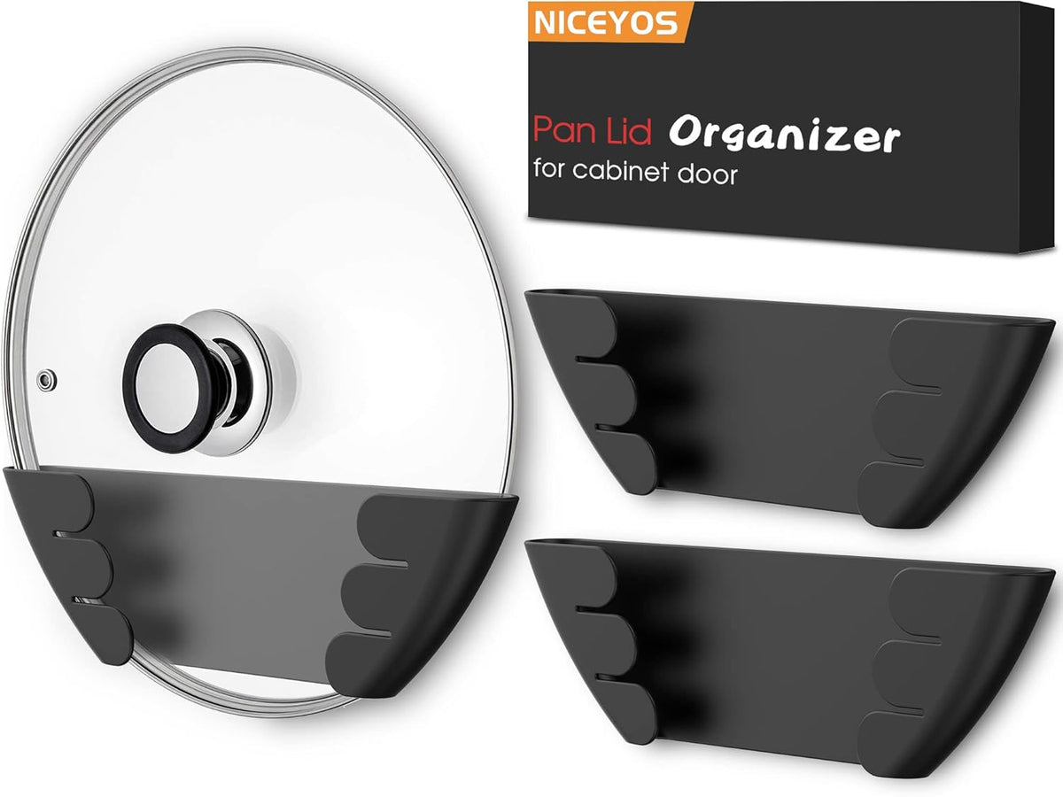 Universal Pot Lid Organizer for Cabinet - Upgraded Patented Inside Cabinet Door Wall Mount Pan Top Storage Organizer Rack Holder for Kitchen, Fits 6" to 13" (Black)