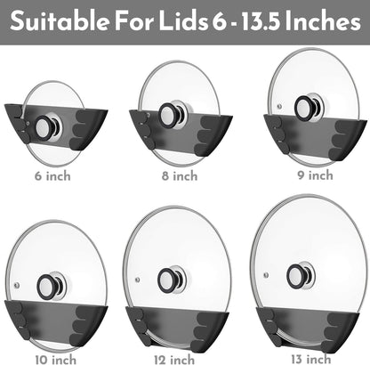 Universal Pot Lid Organizer for Cabinet - Upgraded Patented Inside Cabinet Door Wall Mount Pan Top Storage Organizer Rack Holder for Kitchen, Fits 6" to 13" (Black)