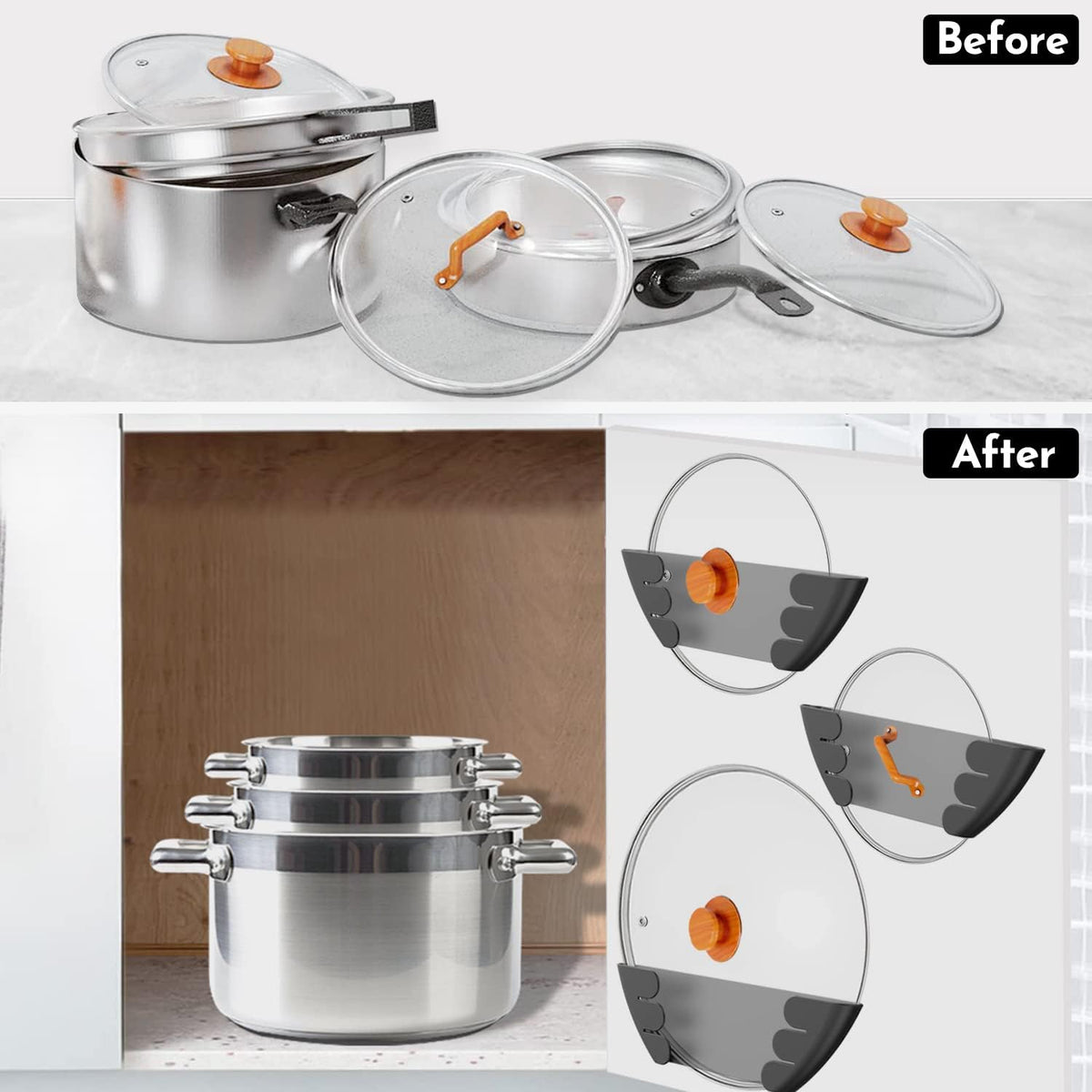 Universal Pot Lid Organizer for Cabinet - Upgraded Patented Inside Cabinet Door Wall Mount Pan Top Storage Organizer Rack Holder for Kitchen, Fits 6" to 13" (Black)