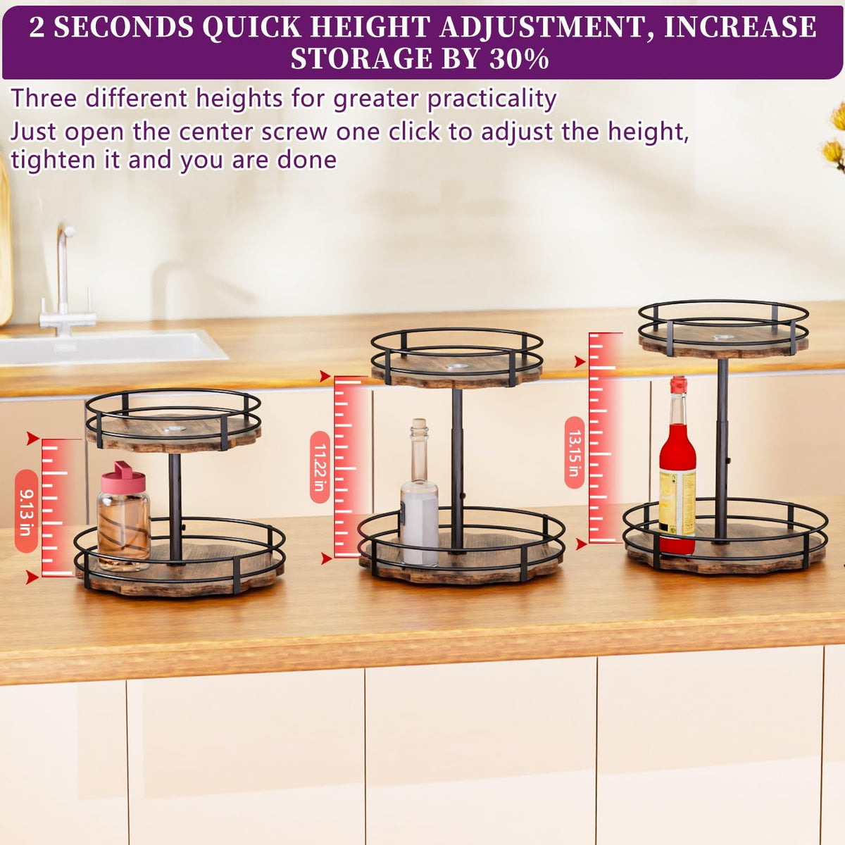 Heavy-Duty 2-Tier Lazy Susan Organizer, Adjustable to Different Heights, Countertop Spice Rack, Upgraded Thickened Wooden Board, Suitable for Seasoning Organizer, Kitchen Organization