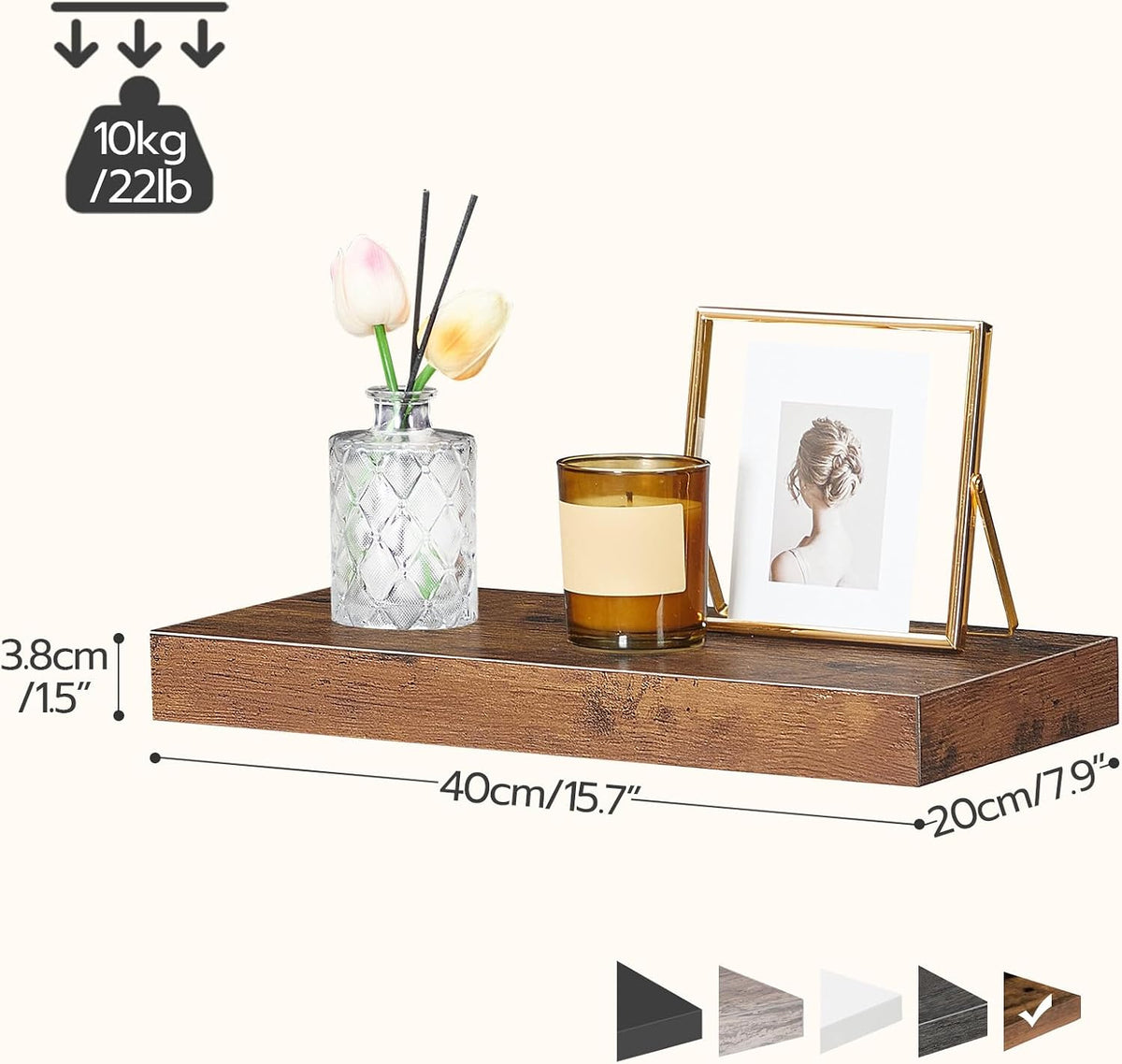 Floating Shelves for Wall, Wall Mounted Shelf Set of 2, 15.7" Hanging Shelf with Invisible Brackets, for Wall Decor Storage in Bathroom Bedroom Kitchen Living Room Office, Rustic Brown BF40BJ01