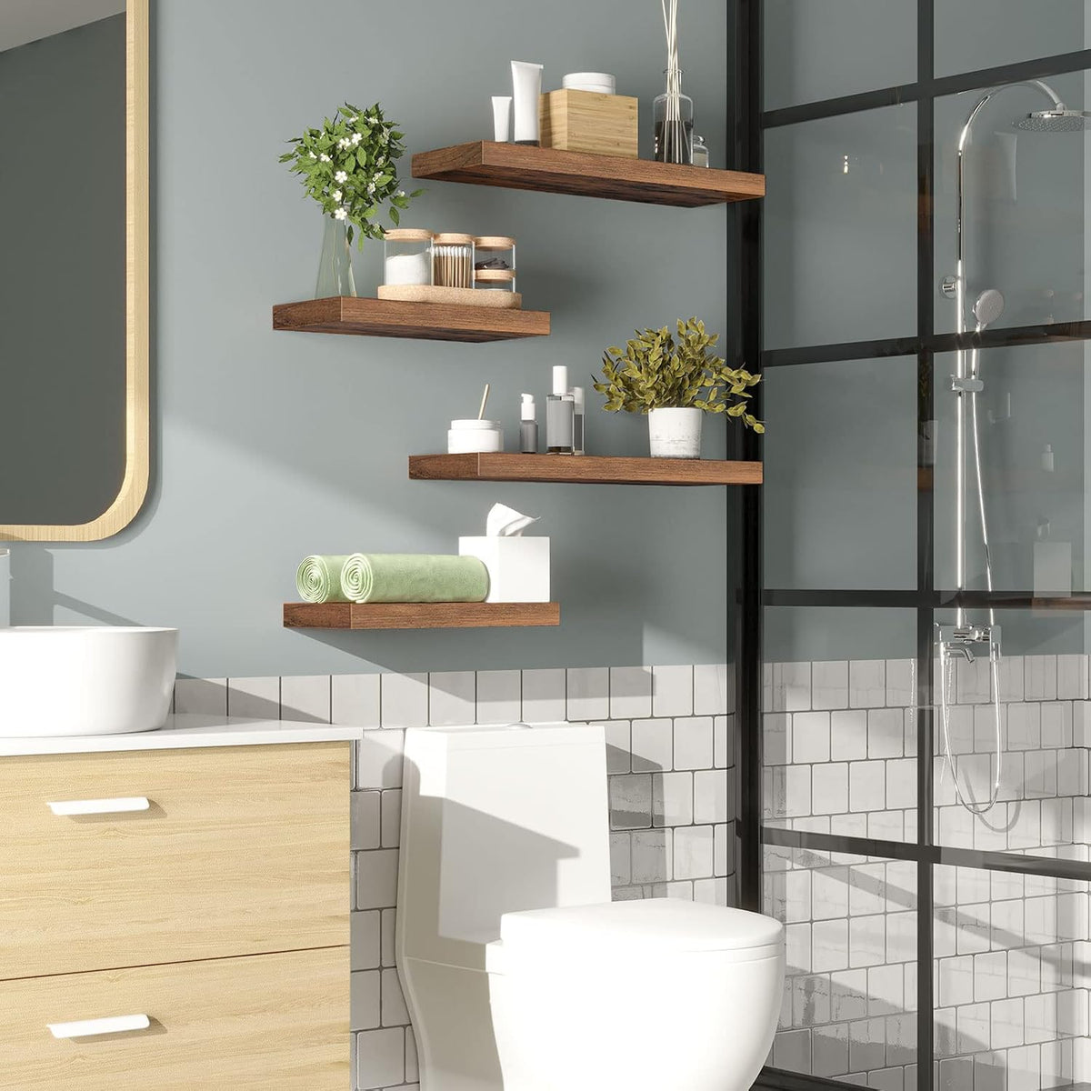 Floating Shelves for Wall, Wall Mounted Shelf Set of 2, 15.7" Hanging Shelf with Invisible Brackets, for Wall Decor Storage in Bathroom Bedroom Kitchen Living Room Office, Rustic Brown BF40BJ01
