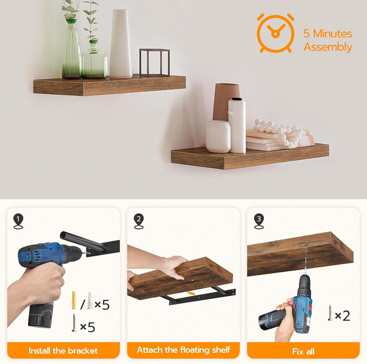 Floating Shelves for Wall, Wall Mounted Shelf Set of 2, 15.7" Hanging Shelf with Invisible Brackets, for Wall Decor Storage in Bathroom Bedroom Kitchen Living Room Office, Rustic Brown BF40BJ01