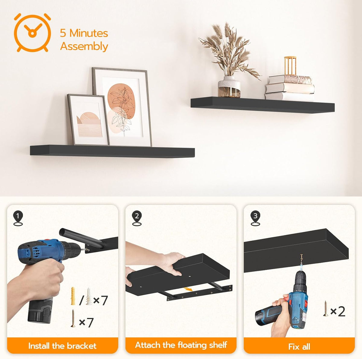Floating Shelves for Wall, Wall Mounted Shelf Set of 2, 15.7" Hanging Shelf with Invisible Brackets, for Wall Decor Storage in Bathroom Bedroom Kitchen Living Room Office, Rustic Brown BF40BJ01
