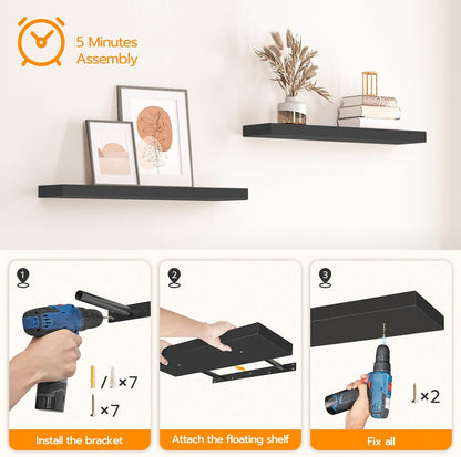 Floating Shelves for Wall, Wall Mounted Shelf Set of 2, 15.7" Hanging Shelf with Invisible Brackets, for Wall Decor Storage in Bathroom Bedroom Kitchen Living Room Office, Rustic Brown BF40BJ01