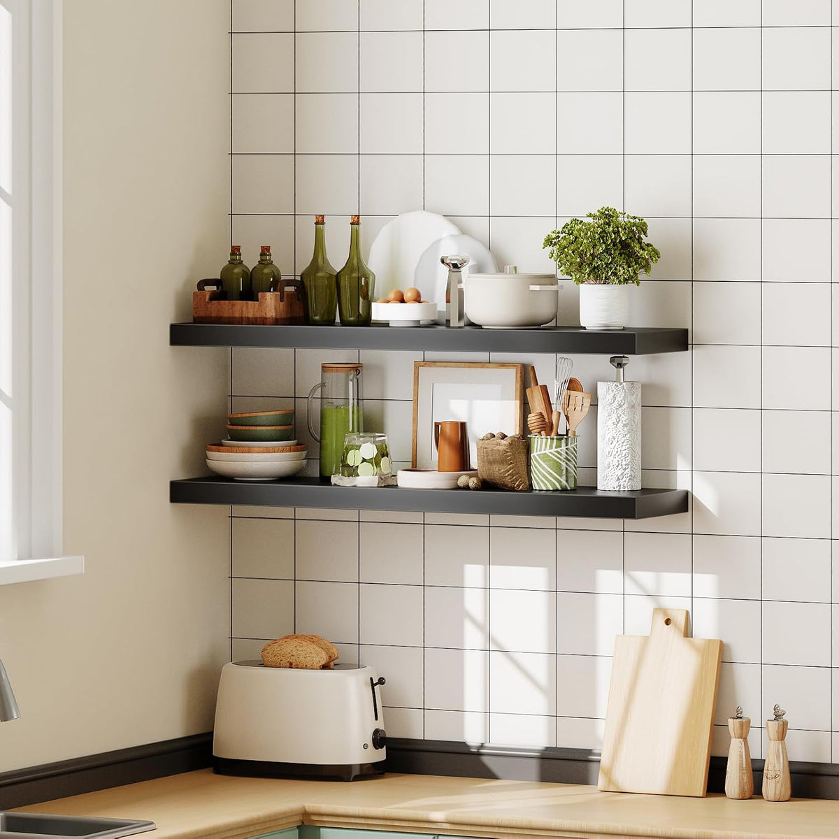 Floating Shelves for Wall, Wall Mounted Shelf Set of 2, 15.7" Hanging Shelf with Invisible Brackets, for Wall Decor Storage in Bathroom Bedroom Kitchen Living Room Office, Rustic Brown BF40BJ01