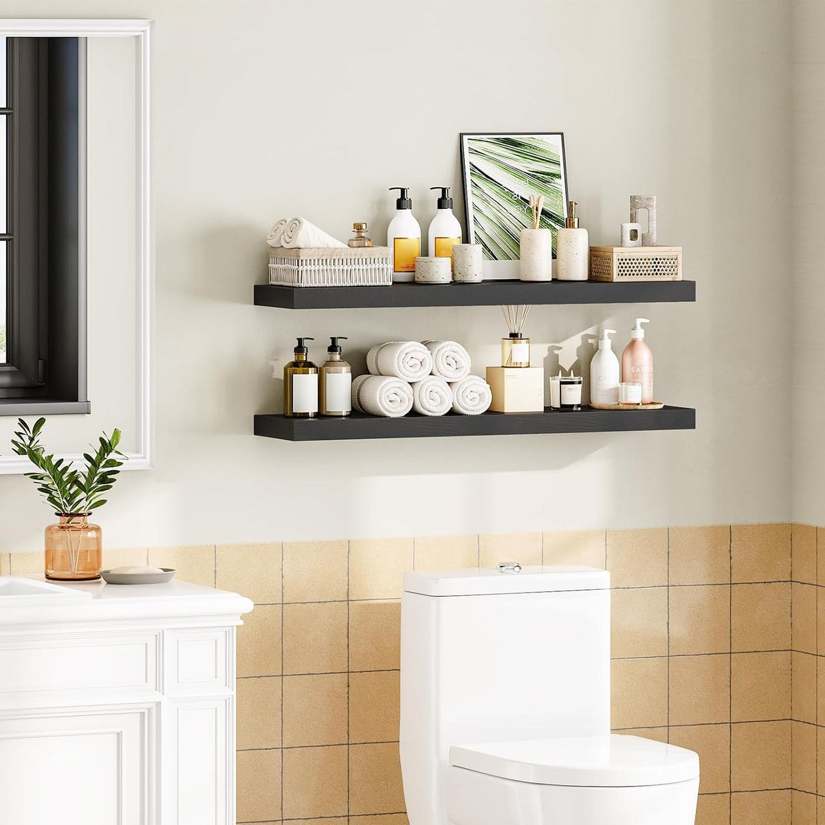 Floating Shelves for Wall, Wall Mounted Shelf Set of 2, 15.7" Hanging Shelf with Invisible Brackets, for Wall Decor Storage in Bathroom Bedroom Kitchen Living Room Office, Rustic Brown BF40BJ01
