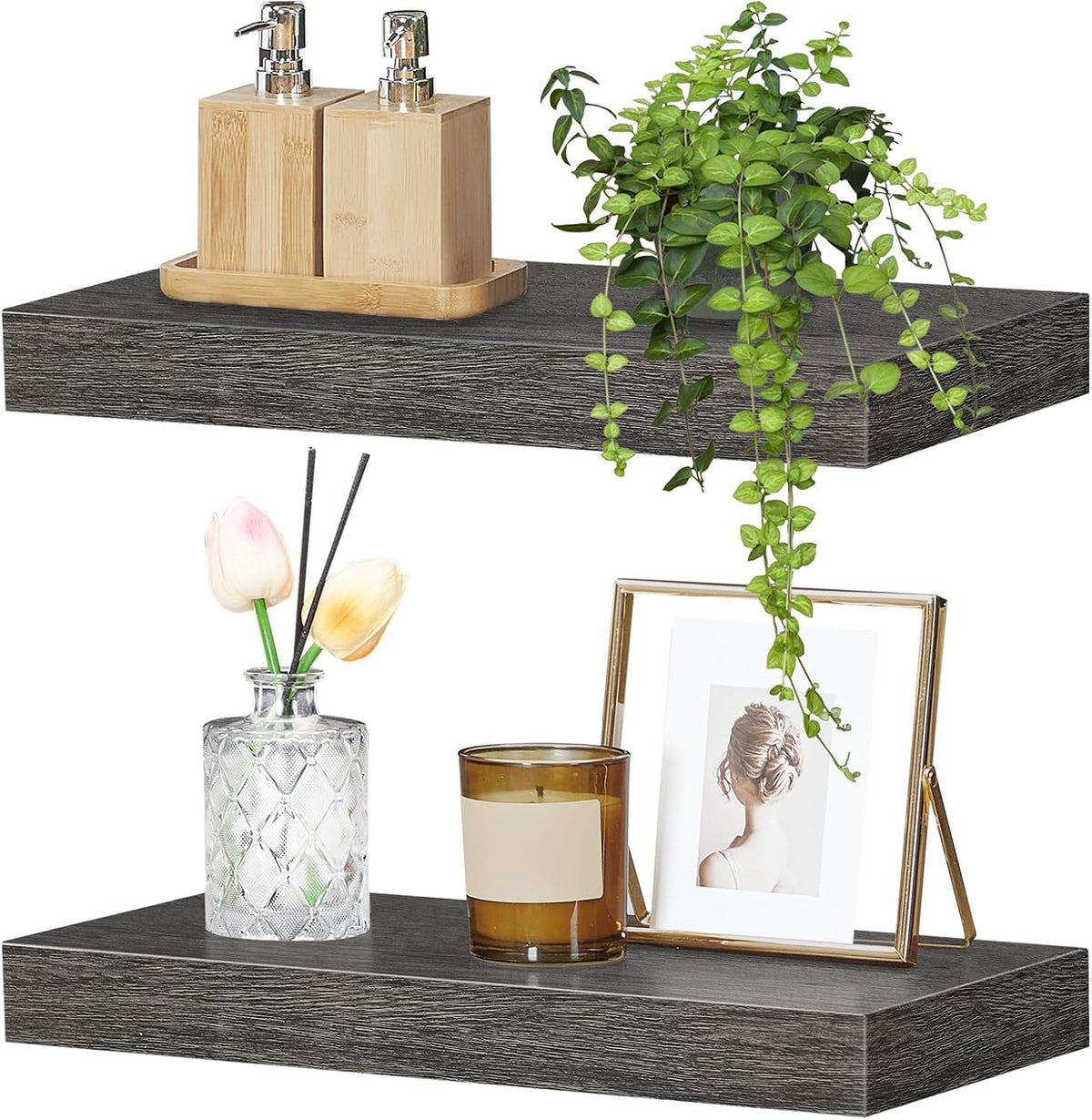 Floating Shelves for Wall, Wall Mounted Shelf Set of 2, 15.7" Hanging Shelf with Invisible Brackets, for Wall Decor Storage in Bathroom Bedroom Kitchen Living Room Office, Rustic Brown BF40BJ01