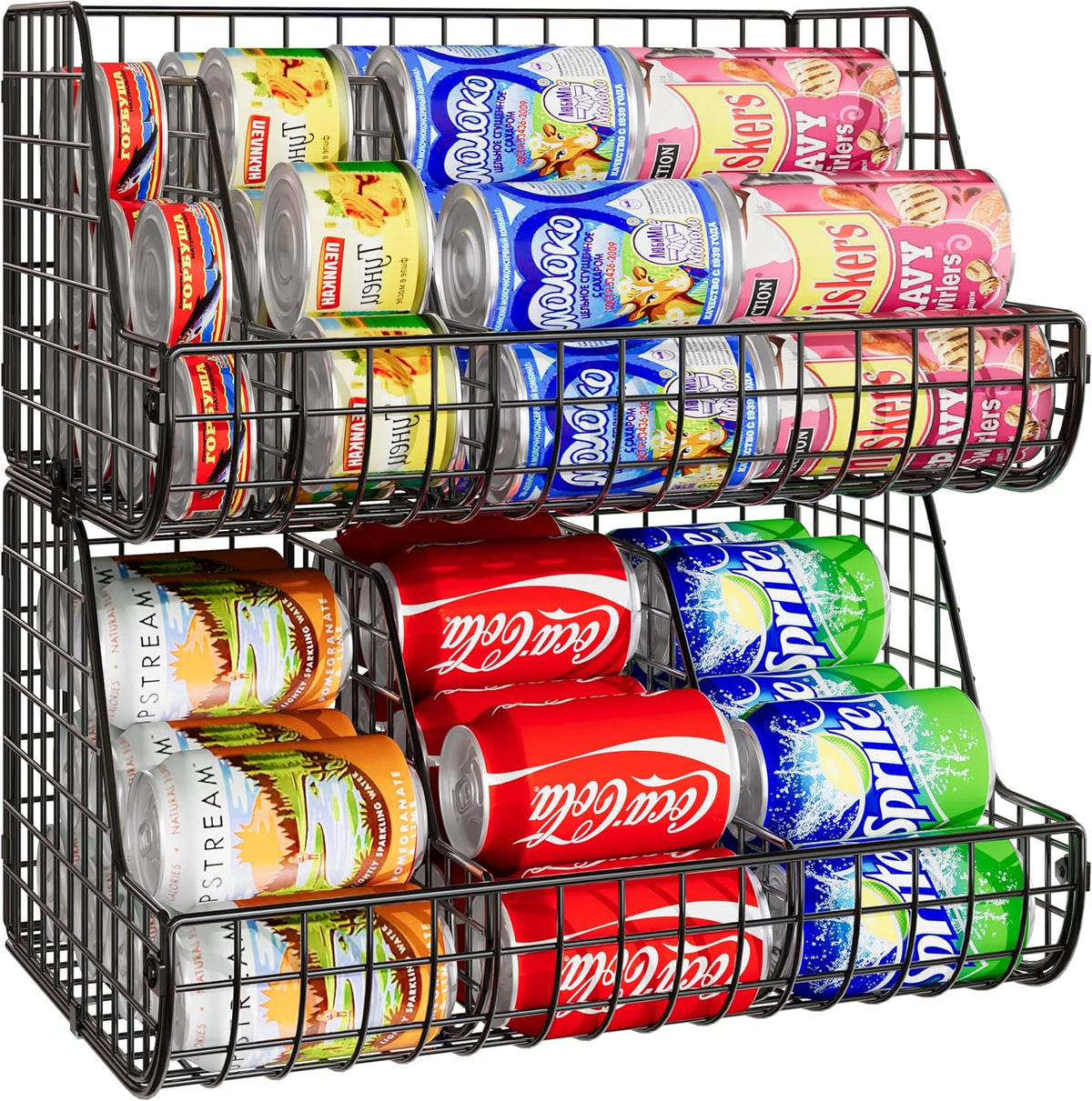Stacking Can Dispensers 3 Tier with Divider, Large Pantry Can Organizer, Beverage Drink Pop Soda Can Storage Basket, Can Holders for Pantry, Canned Food Rack Wire Bins for Kitchen Cabinet