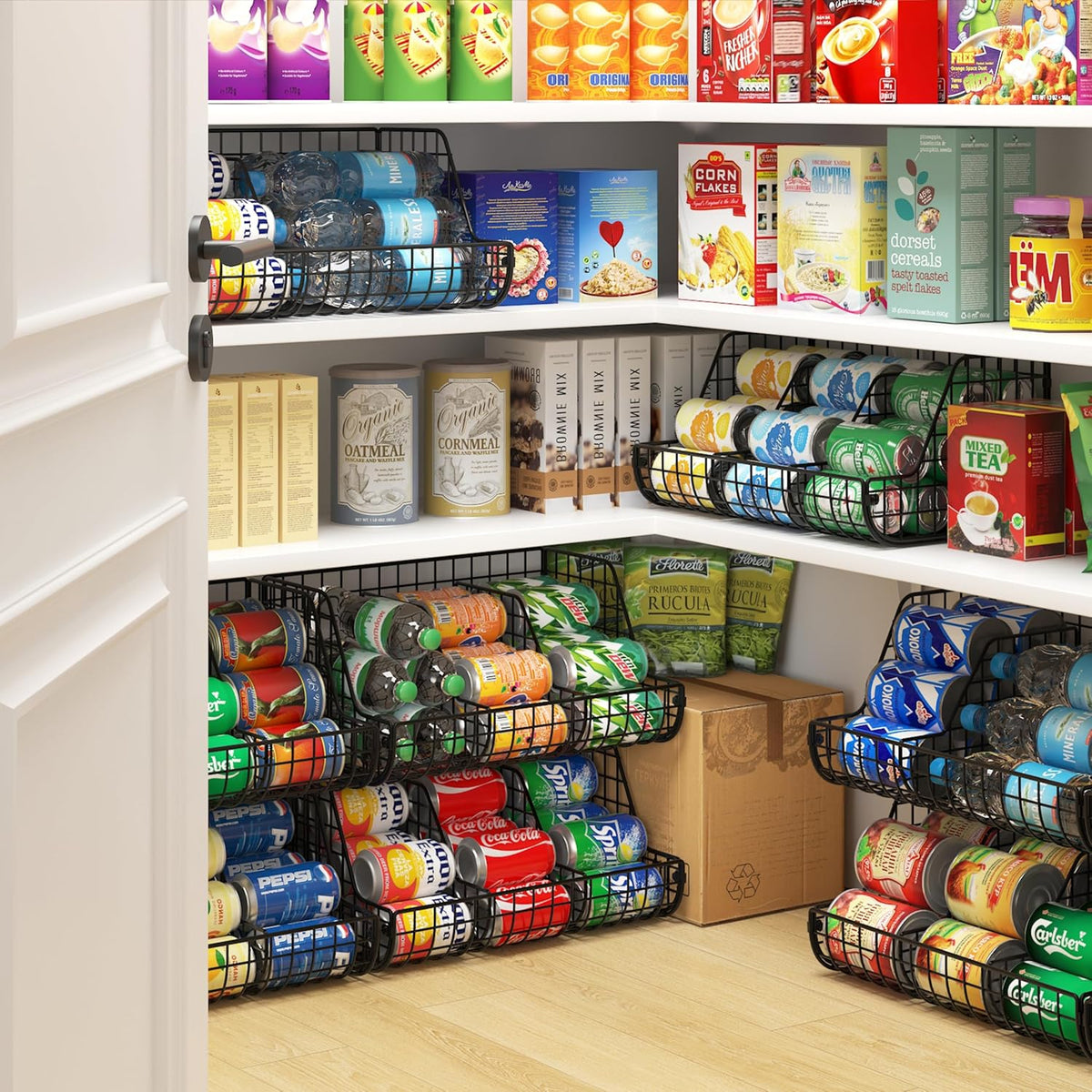 Stacking Can Dispensers 3 Tier with Divider, Large Pantry Can Organizer, Beverage Drink Pop Soda Can Storage Basket, Can Holders for Pantry, Canned Food Rack Wire Bins for Kitchen Cabinet
