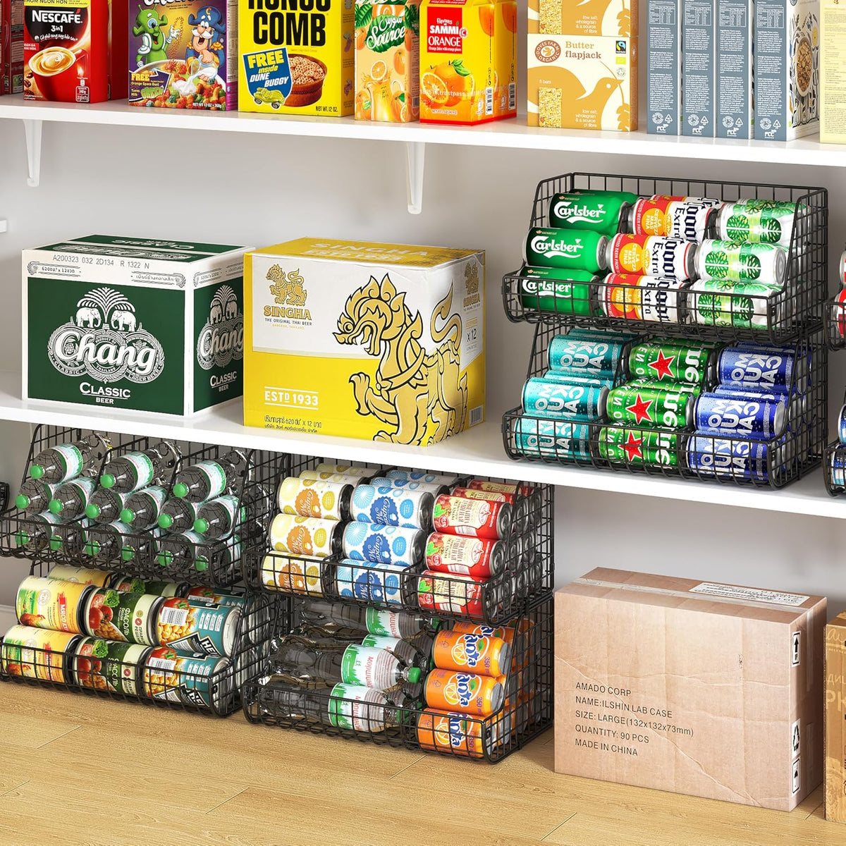 Stacking Can Dispensers 3 Tier with Divider, Large Pantry Can Organizer, Beverage Drink Pop Soda Can Storage Basket, Can Holders for Pantry, Canned Food Rack Wire Bins for Kitchen Cabinet