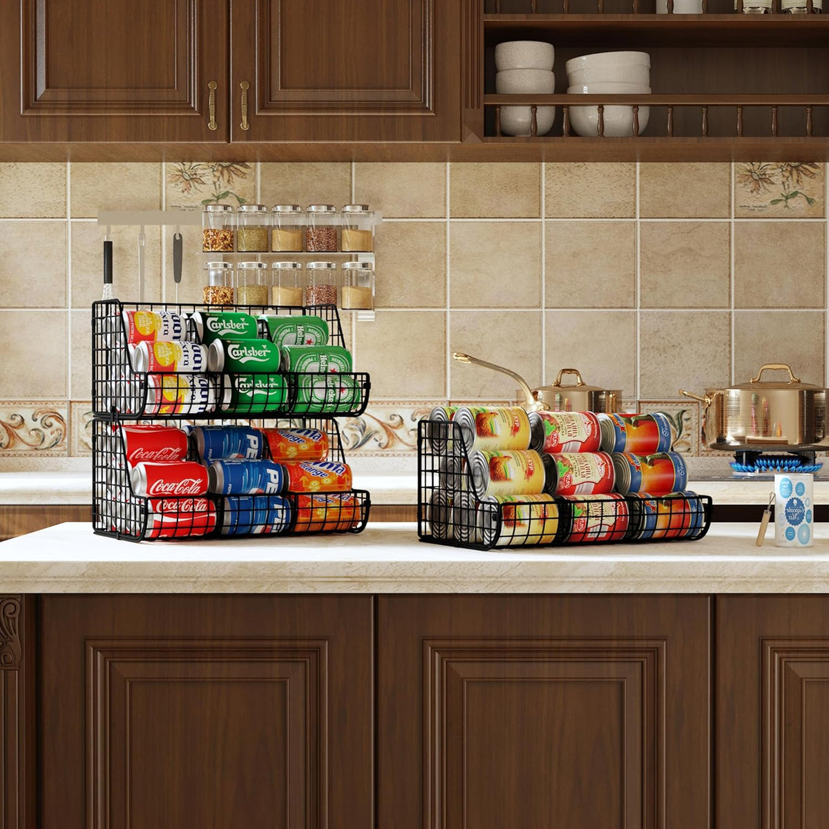 Stacking Can Dispensers 3 Tier with Divider, Large Pantry Can Organizer, Beverage Drink Pop Soda Can Storage Basket, Can Holders for Pantry, Canned Food Rack Wire Bins for Kitchen Cabinet