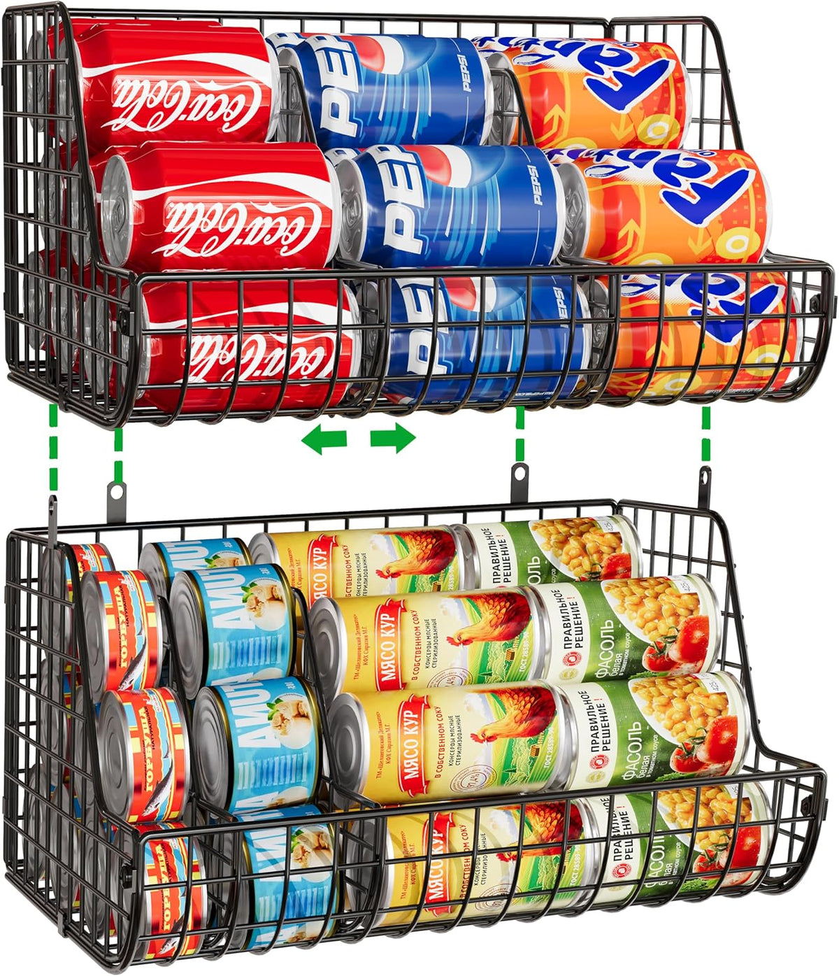 Stacking Can Dispensers 3 Tier with Divider, Large Pantry Can Organizer, Beverage Drink Pop Soda Can Storage Basket, Can Holders for Pantry, Canned Food Rack Wire Bins for Kitchen Cabinet