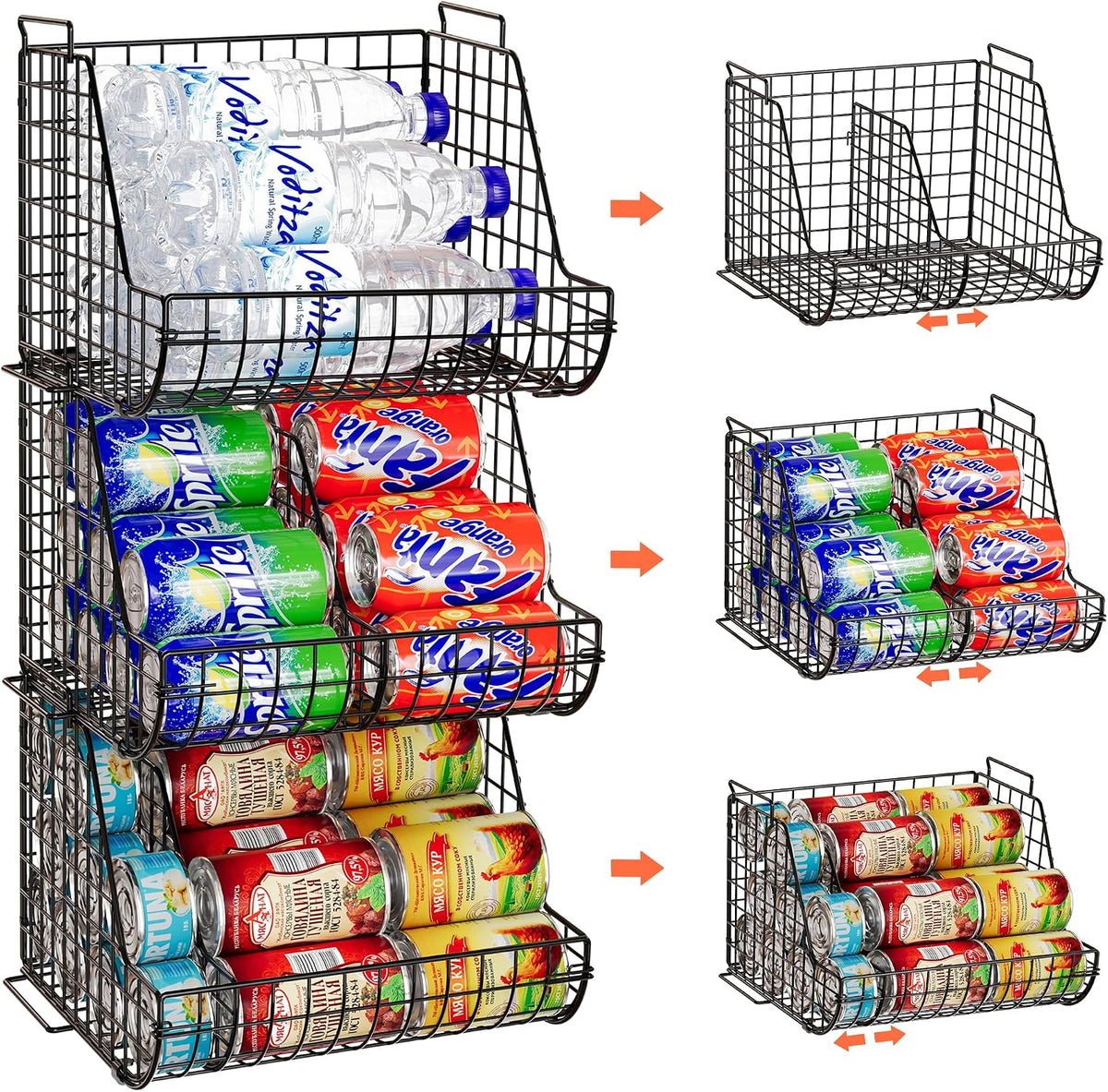 Stacking Can Dispensers 3 Tier with Divider, Large Pantry Can Organizer, Beverage Drink Pop Soda Can Storage Basket, Can Holders for Pantry, Canned Food Rack Wire Bins for Kitchen Cabinet