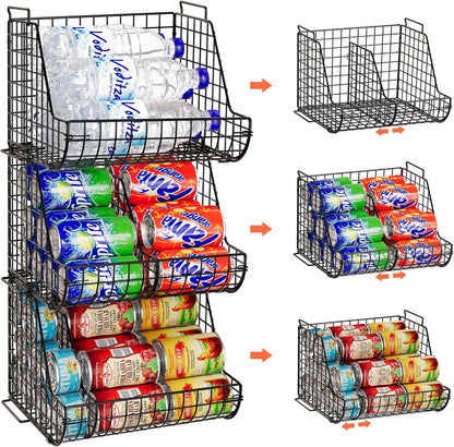 Stacking Can Dispensers 3 Tier with Divider, Large Pantry Can Organizer, Beverage Drink Pop Soda Can Storage Basket, Can Holders for Pantry, Canned Food Rack Wire Bins for Kitchen Cabinet