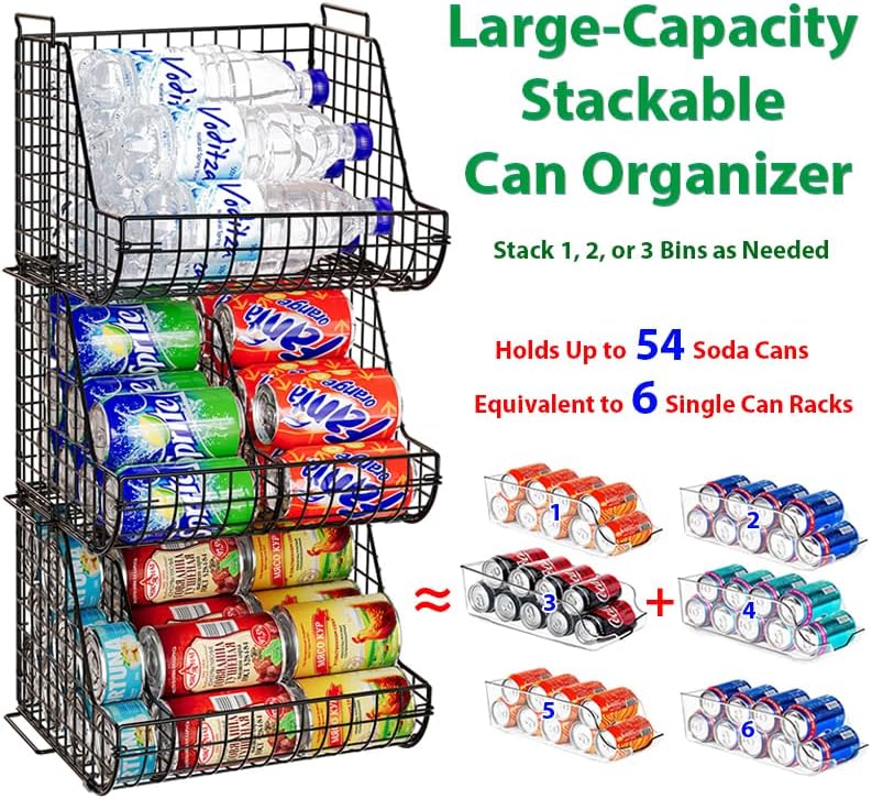 Stacking Can Dispensers 3 Tier with Divider, Large Pantry Can Organizer, Beverage Drink Pop Soda Can Storage Basket, Can Holders for Pantry, Canned Food Rack Wire Bins for Kitchen Cabinet