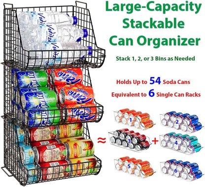 Stacking Can Dispensers 3 Tier with Divider, Large Pantry Can Organizer, Beverage Drink Pop Soda Can Storage Basket, Can Holders for Pantry, Canned Food Rack Wire Bins for Kitchen Cabinet