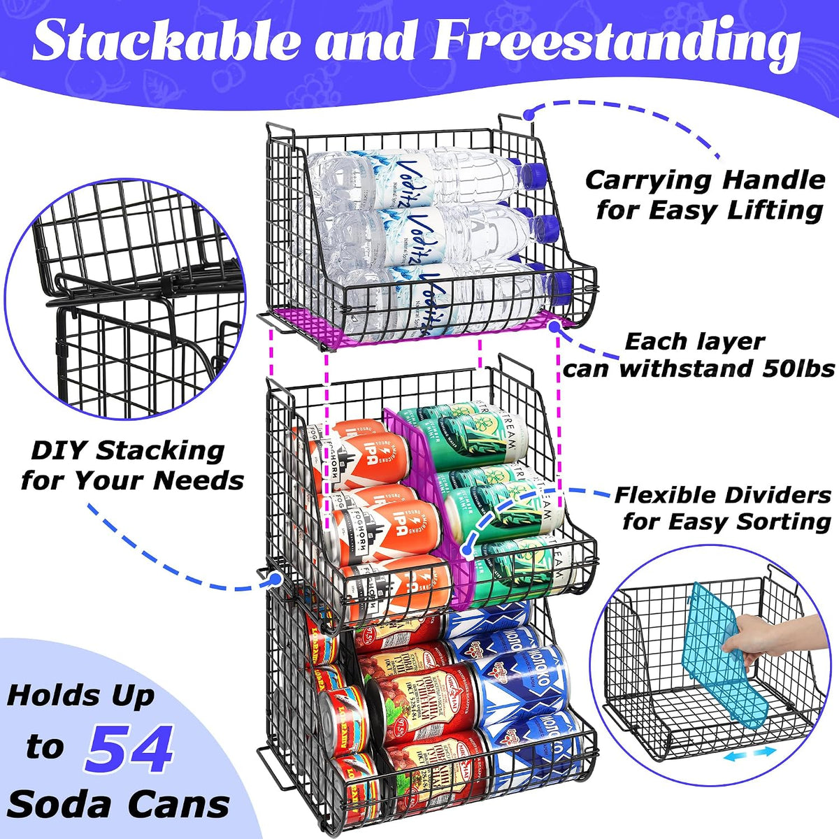 Stacking Can Dispensers 3 Tier with Divider, Large Pantry Can Organizer, Beverage Drink Pop Soda Can Storage Basket, Can Holders for Pantry, Canned Food Rack Wire Bins for Kitchen Cabinet