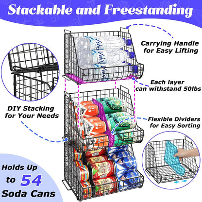 Stacking Can Dispensers 3 Tier with Divider, Large Pantry Can Organizer, Beverage Drink Pop Soda Can Storage Basket, Can Holders for Pantry, Canned Food Rack Wire Bins for Kitchen Cabinet