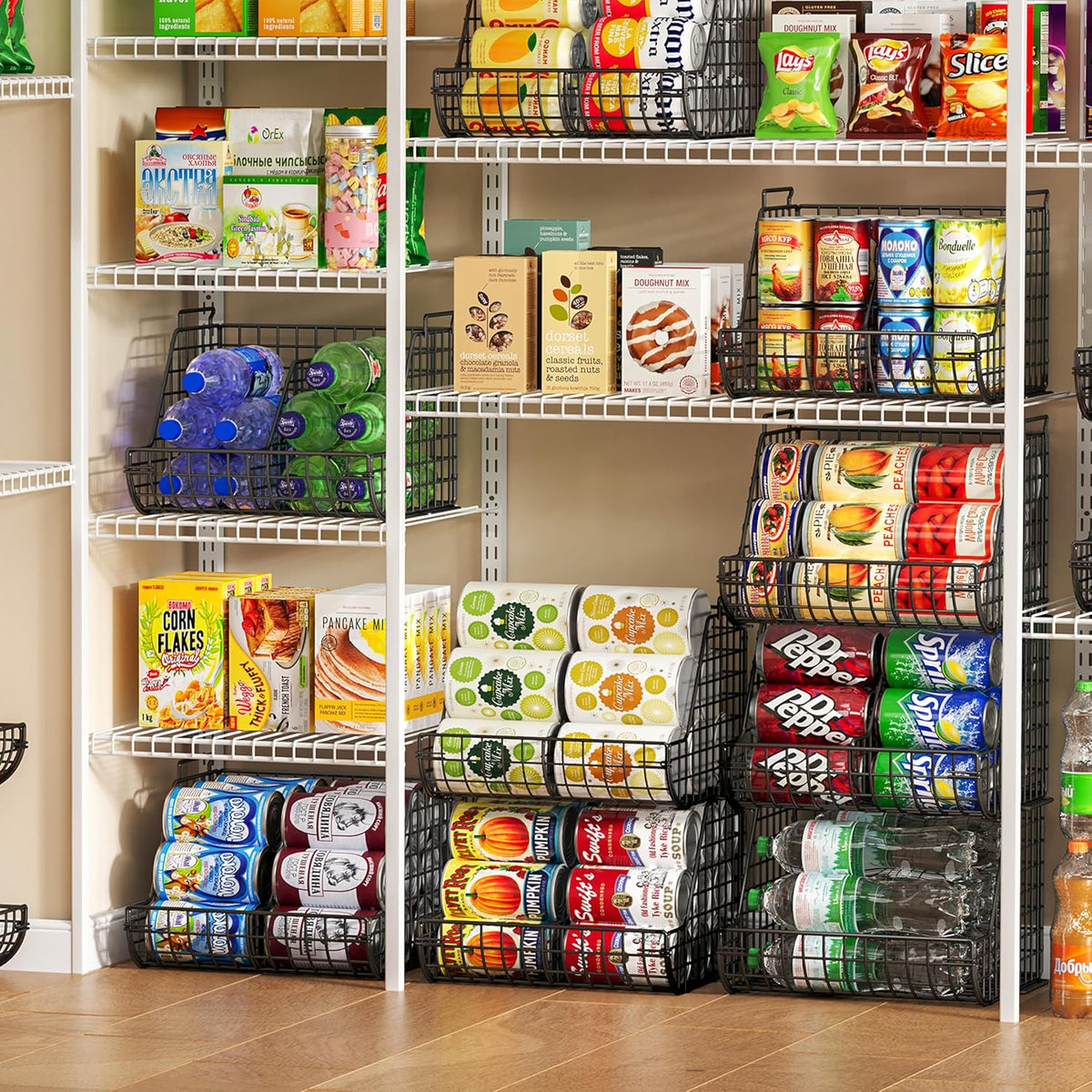 Stacking Can Dispensers 3 Tier with Divider, Large Pantry Can Organizer, Beverage Drink Pop Soda Can Storage Basket, Can Holders for Pantry, Canned Food Rack Wire Bins for Kitchen Cabinet