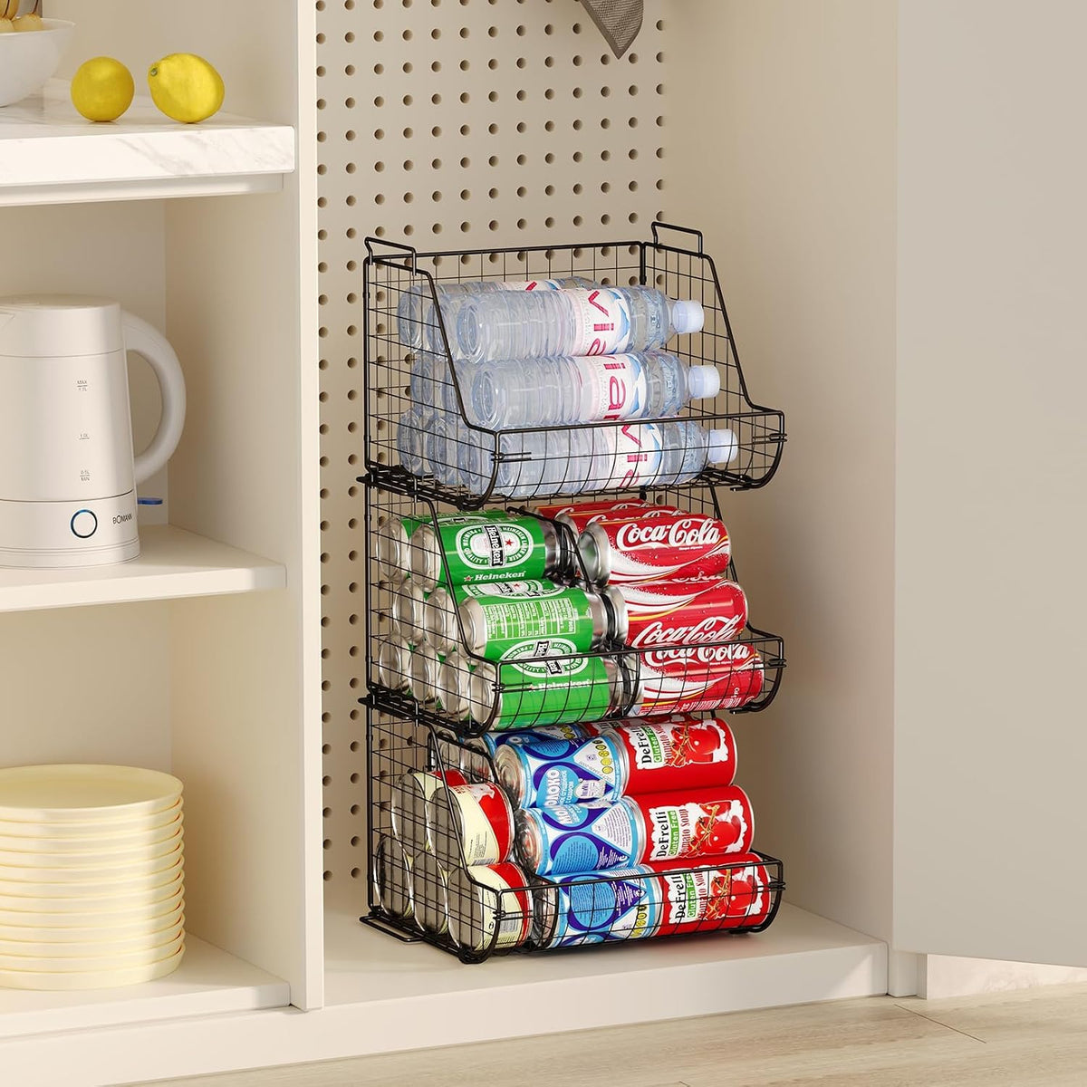 Stacking Can Dispensers 3 Tier with Divider, Large Pantry Can Organizer, Beverage Drink Pop Soda Can Storage Basket, Can Holders for Pantry, Canned Food Rack Wire Bins for Kitchen Cabinet