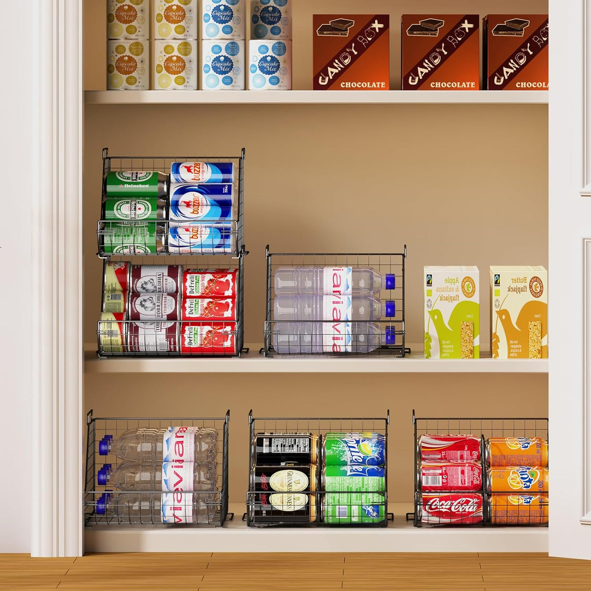 Stacking Can Dispensers 3 Tier with Divider, Large Pantry Can Organizer, Beverage Drink Pop Soda Can Storage Basket, Can Holders for Pantry, Canned Food Rack Wire Bins for Kitchen Cabinet