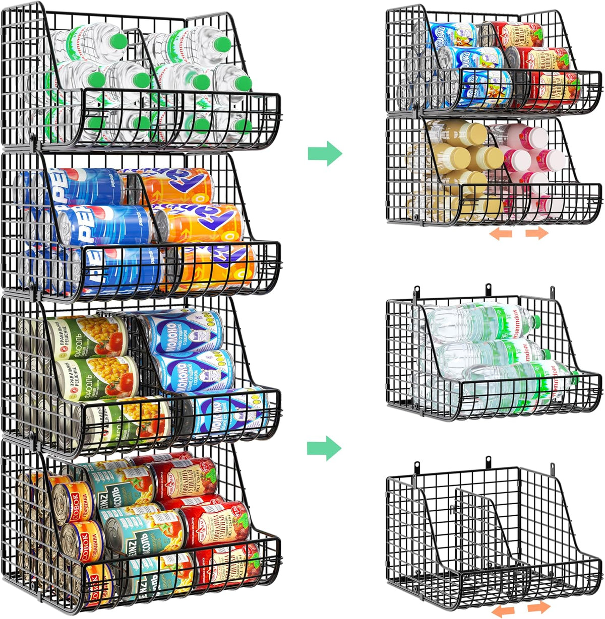Stacking Can Dispensers 3 Tier with Divider, Large Pantry Can Organizer, Beverage Drink Pop Soda Can Storage Basket, Can Holders for Pantry, Canned Food Rack Wire Bins for Kitchen Cabinet