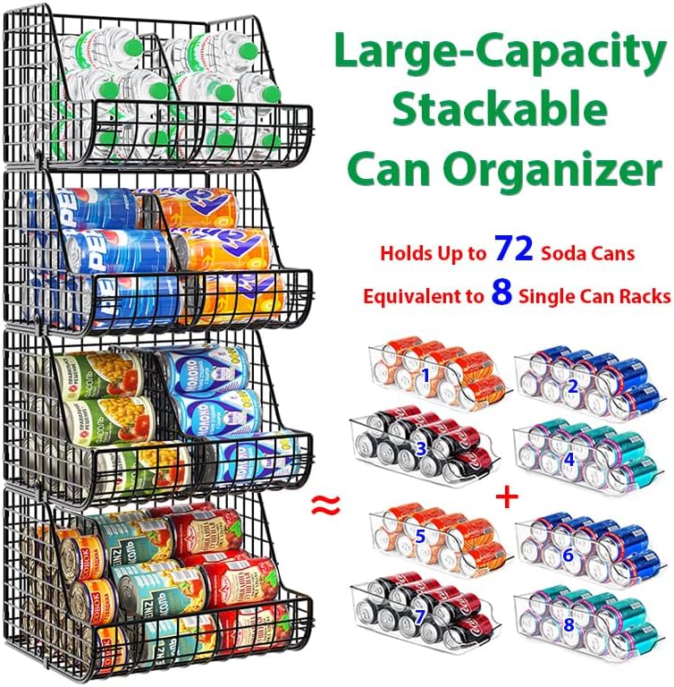 Stacking Can Dispensers 3 Tier with Divider, Large Pantry Can Organizer, Beverage Drink Pop Soda Can Storage Basket, Can Holders for Pantry, Canned Food Rack Wire Bins for Kitchen Cabinet