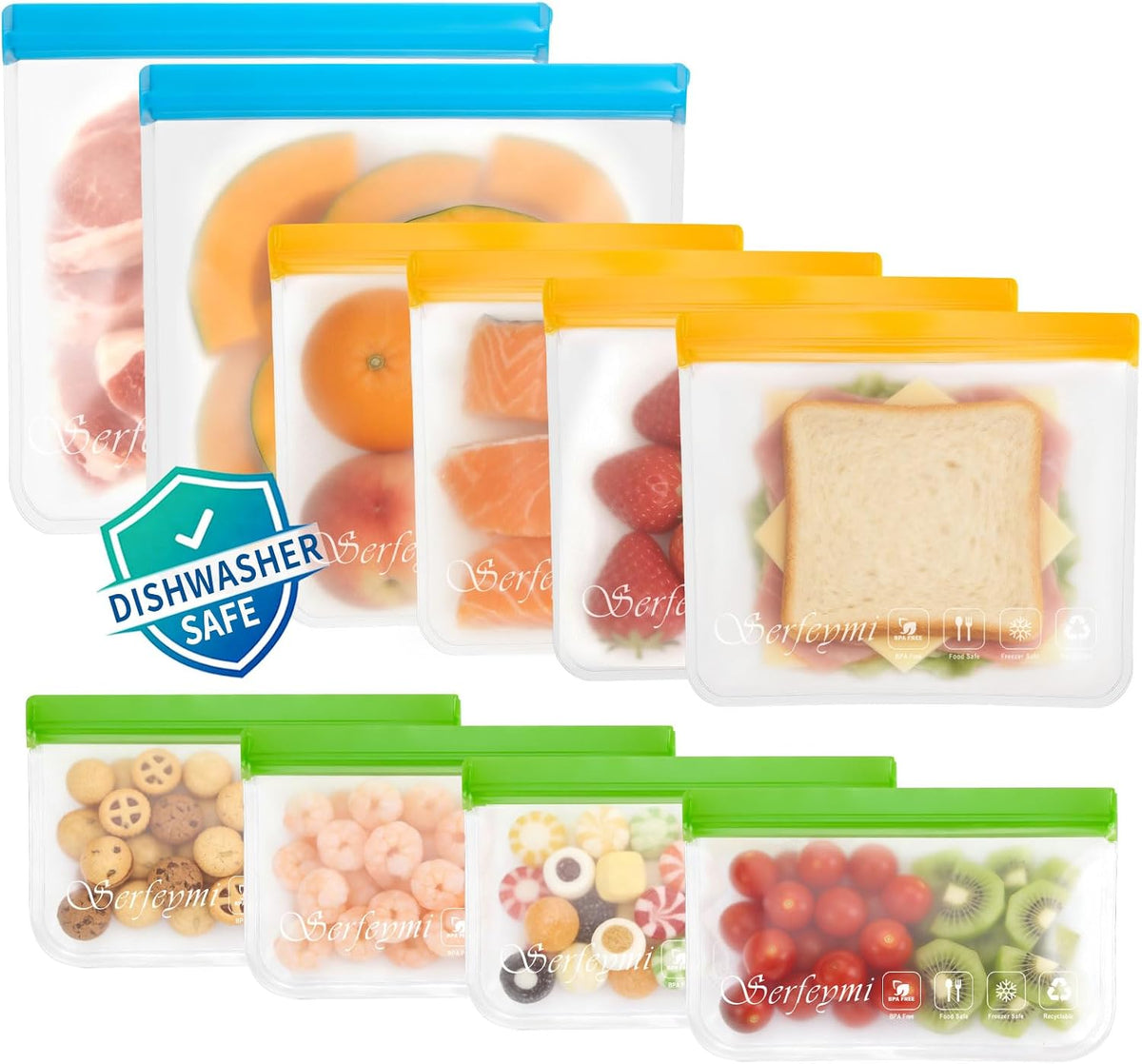 Reusable Gallon Freezer Bags Dishwasher Safe, Extra Thick Reusable Plastic Bags BPA Free, Leak Proof Food Storage Bags with 3 Sizes for Meat, Travel - 2 Gallon 4 Sandwich 4 Snack