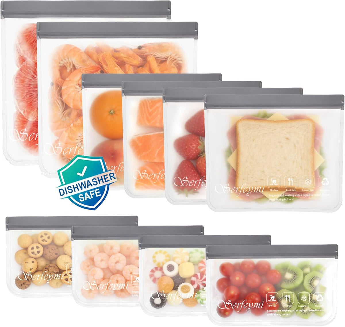 Reusable Gallon Freezer Bags Dishwasher Safe, Extra Thick Reusable Plastic Bags BPA Free, Leak Proof Food Storage Bags with 3 Sizes for Meat, Travel - 2 Gallon 4 Sandwich 4 Snack