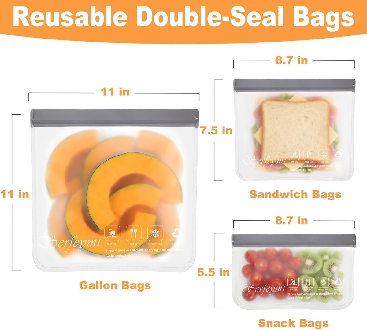 Reusable Gallon Freezer Bags Dishwasher Safe, Extra Thick Reusable Plastic Bags BPA Free, Leak Proof Food Storage Bags with 3 Sizes for Meat, Travel - 2 Gallon 4 Sandwich 4 Snack