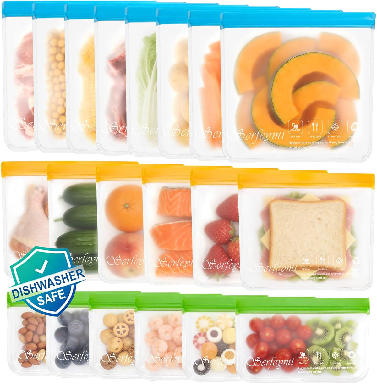 Reusable Gallon Freezer Bags Dishwasher Safe, Extra Thick Reusable Plastic Bags BPA Free, Leak Proof Food Storage Bags with 3 Sizes for Meat, Travel - 2 Gallon 4 Sandwich 4 Snack