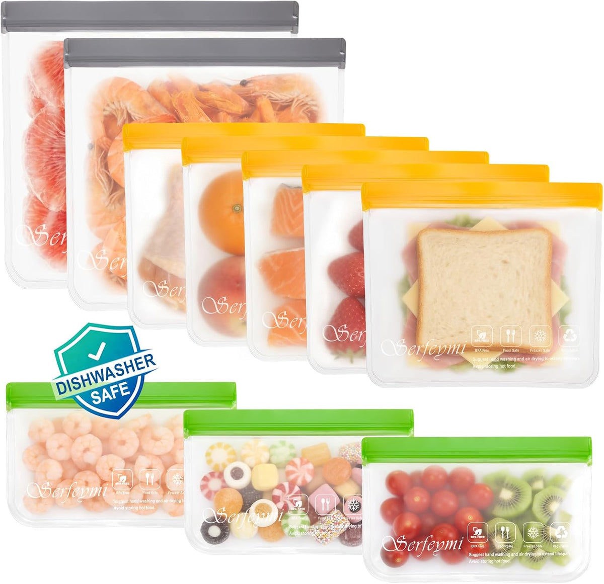 Reusable Gallon Freezer Bags Dishwasher Safe, Extra Thick Reusable Plastic Bags BPA Free, Leak Proof Food Storage Bags with 3 Sizes for Meat, Travel - 2 Gallon 4 Sandwich 4 Snack
