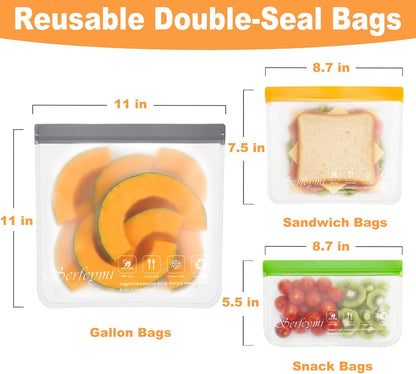 Reusable Gallon Freezer Bags Dishwasher Safe, Extra Thick Reusable Plastic Bags BPA Free, Leak Proof Food Storage Bags with 3 Sizes for Meat, Travel - 2 Gallon 4 Sandwich 4 Snack