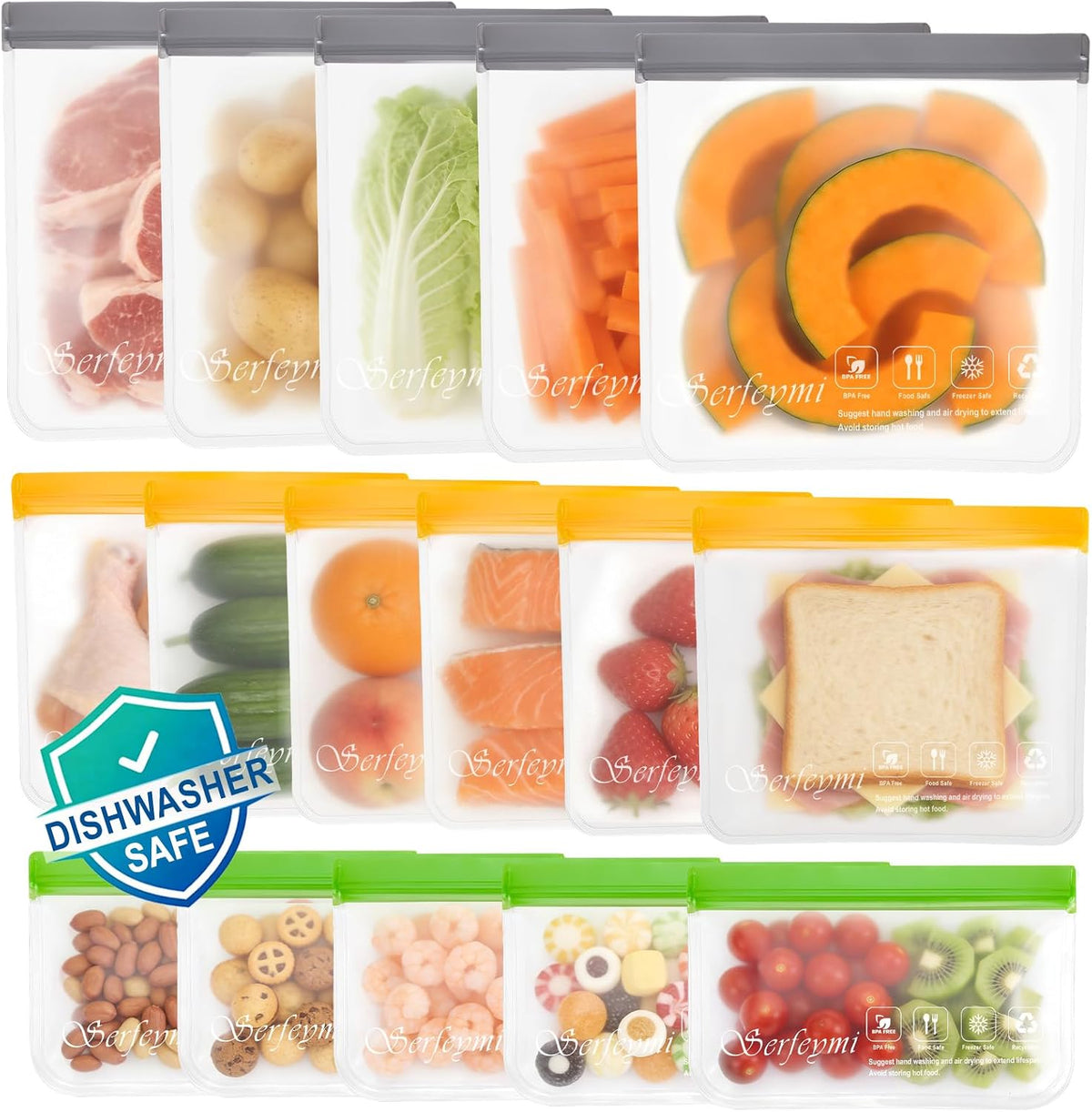 Reusable Gallon Freezer Bags Dishwasher Safe, Extra Thick Reusable Plastic Bags BPA Free, Leak Proof Food Storage Bags with 3 Sizes for Meat, Travel - 2 Gallon 4 Sandwich 4 Snack