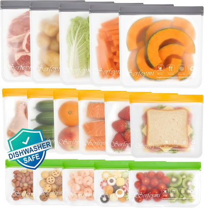 Reusable Gallon Freezer Bags Dishwasher Safe, Extra Thick Reusable Plastic Bags BPA Free, Leak Proof Food Storage Bags with 3 Sizes for Meat, Travel - 2 Gallon 4 Sandwich 4 Snack
