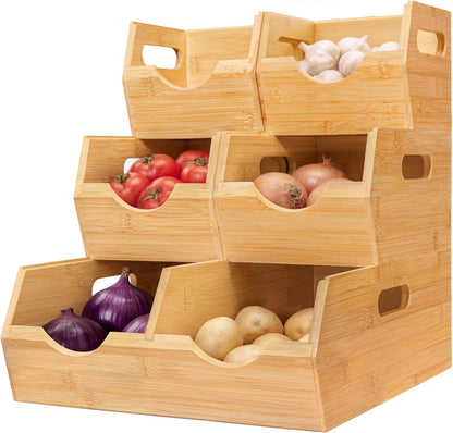 Bamboo Pantry Storage Bins – Stackable Potato & Onion Storage Bin for Kitchen Countertop, Pantry Organizer, Fruit Vegetable Basket, Multiuse - Set of 3 Slide-Out Access
