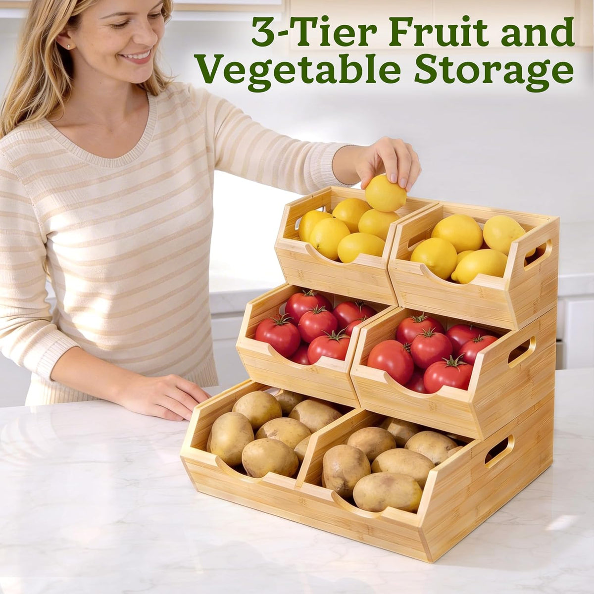 Bamboo Pantry Storage Bins – Stackable Potato & Onion Storage Bin for Kitchen Countertop, Pantry Organizer, Fruit Vegetable Basket, Multiuse - Set of 3 Slide-Out Access